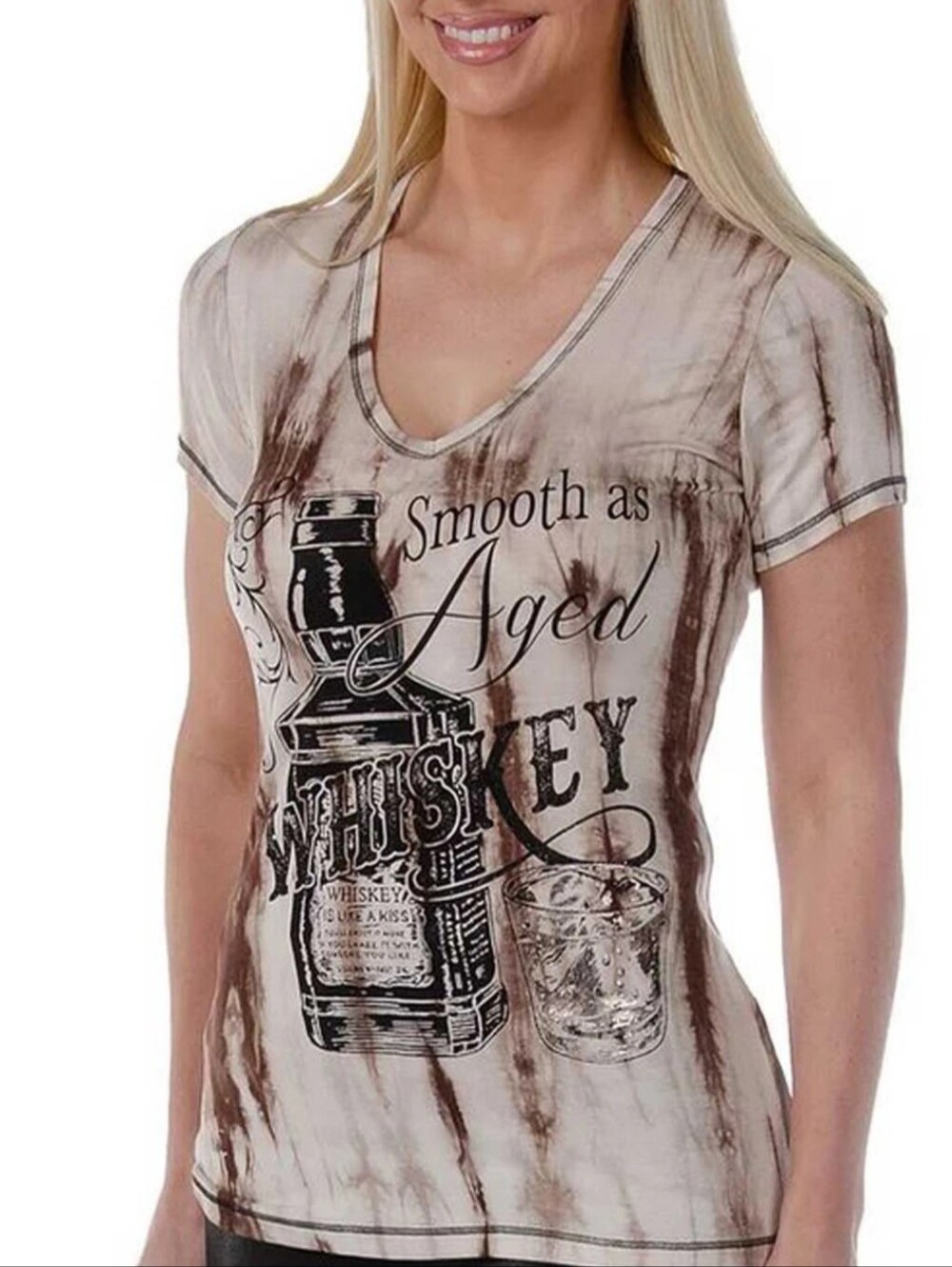 Liberty Wear Smooth As Aged Whiskey Graphic V-Neck Tee - Beige/Brown